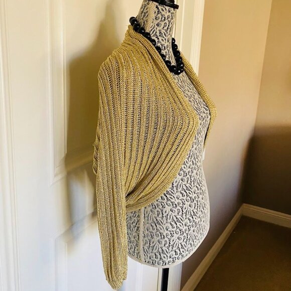 WHBM Rolled Collar Gold Lame Glitter Knit Shrug NWT - Picture 3 of 6